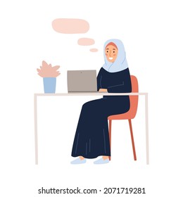 Arabic Muslim business woman working at laptop in office, flat vector illustration isolated on white background. Arabian woman professional or business person.