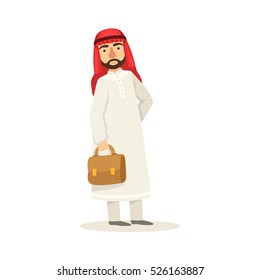 Arabic Muslim Businessman Dressed In Traditional Thwab Clothes And Wearing Headdress Kufiya Holding Suitcase Working In Financial Business Sphere