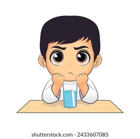 Arabic Muslim child waits for the call to Maghrib prayer in the month of Ramadan to drink a cup of water