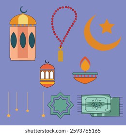 Arabic muslim collection set object Tasbi, Moon, Candle, prayer rug  ramadhan lamp mosque