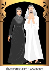 Arabic Muslim couple wearing traditional dress. Vector illustration in EPS 10.