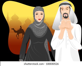 Arabic Muslim couple wearing traditional dress. Vector illustration in EPS 10.