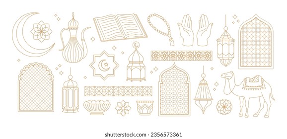 Línea dorada de elementos musulmanes árabes. Arco oriental, diseño de elementos ornamentales de vacaciones. Marcos decorativos árabes de época, colección vectorial de racy con el logo islam