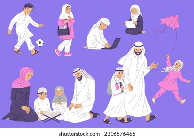 Arabic Muslim kids characters in daily activities with family and friends collection, flat cartoon vector illustration. Arab children boys and girls in casual situations.