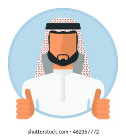 Arabic muslim man image. Template of portrait for infographic posters. Cartoon flat vector illustration. Objects isolated on a white background.