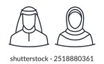 Arabic muslim man and woman couple icon. Muslim male and female thin line vector illustration.