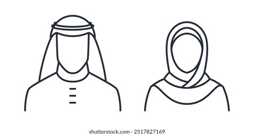 Arabic muslim man and woman couple icon. Muslim male and female thin line vector illustration.