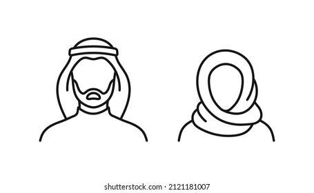 Arabic muslim man and woman linear icons. Saudi arab faceless people avatar. line silhouette. Traditional  уastern arab couple. Outline flat style. Vector illustration. - Shutterstock ID 2121181007