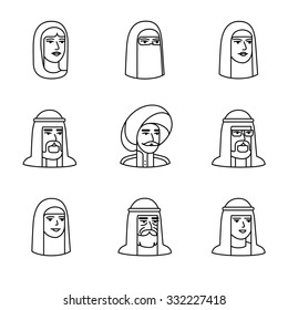 Arabic and muslim people faces icons thin line art set. Black vector symbols isolated on white.