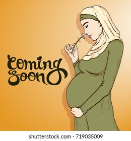 arabic muslim pregnant woman in hijab prepared for maternity.