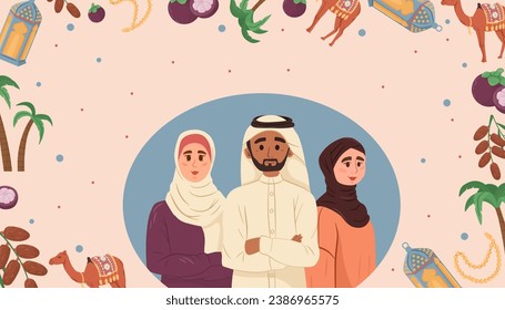 Arabic muslim theme. Traditional female and man clothes. Religious symbols. Cultural ramadan celebration. Mosque and camels ornaments. Vector illustration