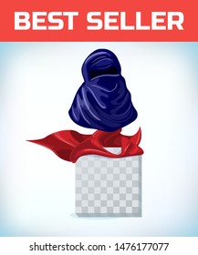 Arabic muslim woman hijab. Masquerade costume headdress. Carnival or Halloween mask. Cartoon Vector illustration. Red cape