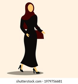 Arabic muslim woman in hijab and traditional Abaya from UAE or Saudi Arabia, carries a luxury hand bag, going for shopping. Islamic traditional clothes vector illustration 