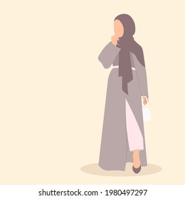 Arabic muslim woman in hijab and traditional fashion Abaya from UAE or Saudi Arabia, carries a luxury hand bag, going for shopping. Islamic clothes, faceless model vector illustration