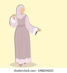 Arabic muslim woman in hijab and traditional fashion Abaya from UAE or Saudi Arabia, carries a luxury hand bag, going for shopping. Islamic clothes, faceless model vector illustration