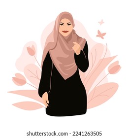 Arabic muslim woman in hijab. Vector illustration as banner, poster or greeting card for world hijab day