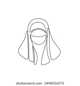 Arabic muslim woman niqab, traditional headwear, continuous line drawing, silhouette single line on a white background, isolated vector illustration.