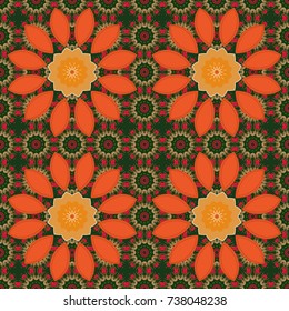 Arabic, Nepali, Indian, ottoman, oriental motifs. Unique asian pattern in brown, green and orange colors. Vintage decorative elements. Vector seamless pattern with mandalas, trendy print.