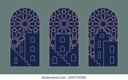 Arabische Nacht Stadt Panorama, Landschaft, Haus, Treppe. Marokkanische Spitze, Fenster, Bogen für Vektorkarte, Flayer.