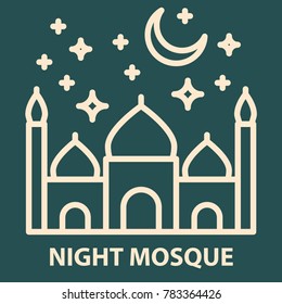 Arabic night mosque icon in linear style. Arabian night mosque logo template. Vector illustration.