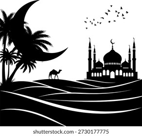 Vetor de paisagem noturna árabe com mesquita, palmeiras e dunas de areia