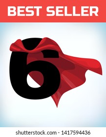 Arabic number six in the red cloak of the winner of the super hero. - Vector