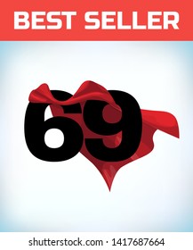 Arabic number sixty nine in the red cloak of the winner of the super hero. - Vector