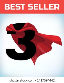 Arabic number three in the red cloak of the winner of the super hero. - Vector