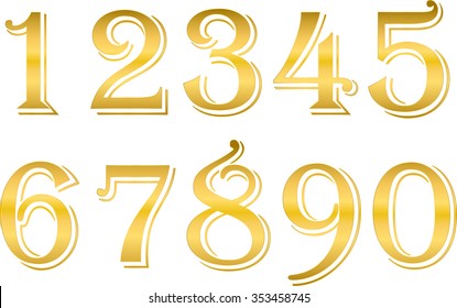 Arabic numbers metal gold, on a white background, from one to ten, math, vector