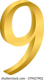 Arabic numbers metal gold, on a white background, number nine, math, vector