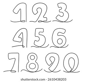 Arabic Numbers One Continuous Line Drawing set. Numeral line art. Minimalistic Simple Linear symbols. Vector Illustration. Editable stroke. Isolated collection on white. Not AI