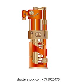 Arabic numeral 1 of mechanic alphabet. Steampunk font style. Mechanical design. Made in the form of a mechanism with moving and stationary parts with tubes, gears and pistons in red casing.