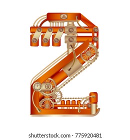 Arabic numeral 2 of mechanic alphabet. Steampunk font style. Mechanical design. Made in the form of a mechanism with moving and stationary parts with tubes, gears and pistons in red casing.