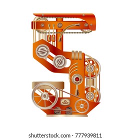 Arabic numeral 5 of mechanic alphabet. Steampunk font style. Mechanical design. Made in the form of a mechanism with moving and stationary parts with tubes, gears and pistons in red casing.