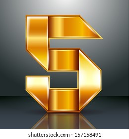 Arabic numeral folded from a metallic golden ribbon  - Number 5 - five, vector illustration 10eps