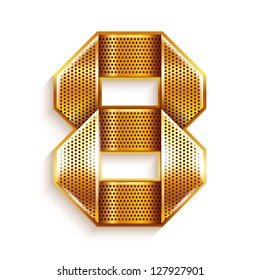 Arabic numeral folded from a metallic perforated golden ribbon  - Number 8 - eight, vector illustration 10eps