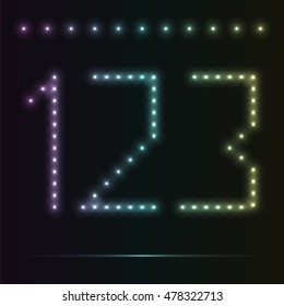 Arabic numerals 1, 2, 3. Luminous figures on a dark background. The color depends on the background color. Vector font of digits, light effect.