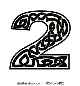 Arabic numerals with Celtic national ornament as interlaced ribbon isolated on white background.