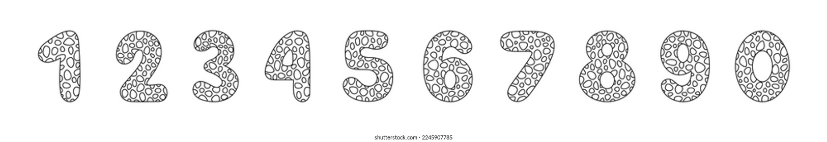 Arabic numerals coloring book for kids. Hand Drawn Arabic Figures From One till Nine. Hand Drawn Script numbers from 0 to 9 in style of doodles on a white background. Numeral. Vector illustration