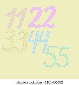 Arabic numerals eleven, twenty two, thirty three, forty four, fifty five .  Hand drawn.