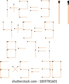 Arabic numerals are laid out with matches on a white background. Mathematical examples. Matches vector isolated.