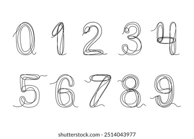 Arabic numerals linart. Set of decorative numerals drawn with one continuous line. Vector illustration isolated on white background.