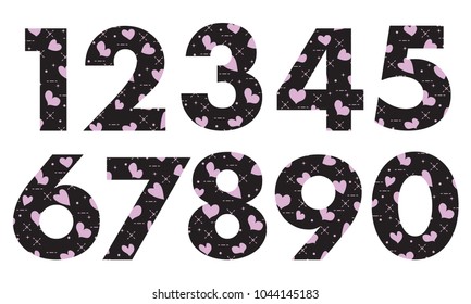 Arabic numerals, painted with a colorful background with hearts.Template for design, fabric, print.