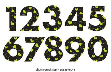 Arabic numerals, painted with a colorful background with hearts.Template for design, fabric, print.