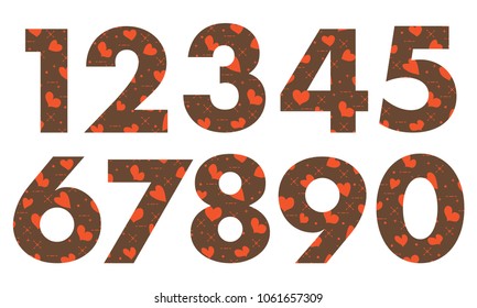 Arabic numerals, painted with a colorful background with hearts.Template for design, fabric, print.