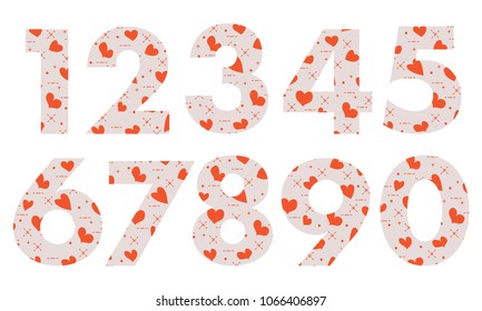 Arabic numerals, painted with a colorful background with hearts.Template for design, fabric, print.