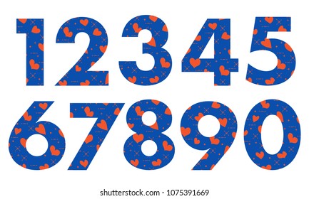 Arabic numerals, painted with a colorful background with hearts.Template for design, fabric, print.