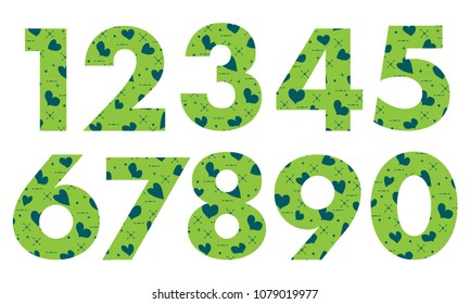 Arabic numerals, painted with a colorful background with hearts.Template for design, fabric, print.