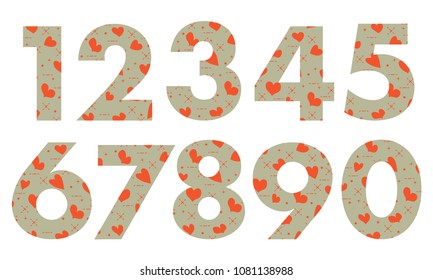 Arabic numerals, painted with a colorful background with hearts.Template for design, fabric, print.