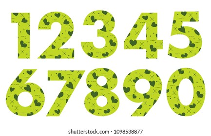 Arabic numerals, painted with a colorful background with hearts.Template for design, fabric, print.